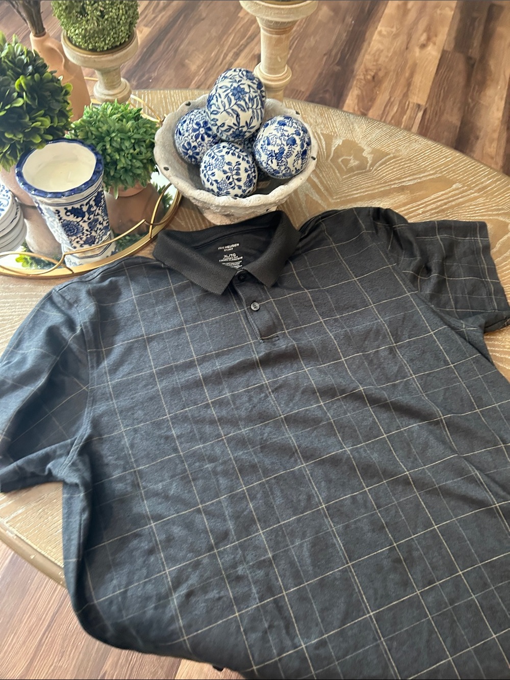 Men's Van Heusen Charcoal Gray Windowpane Polo Golf Shirt Extra Large